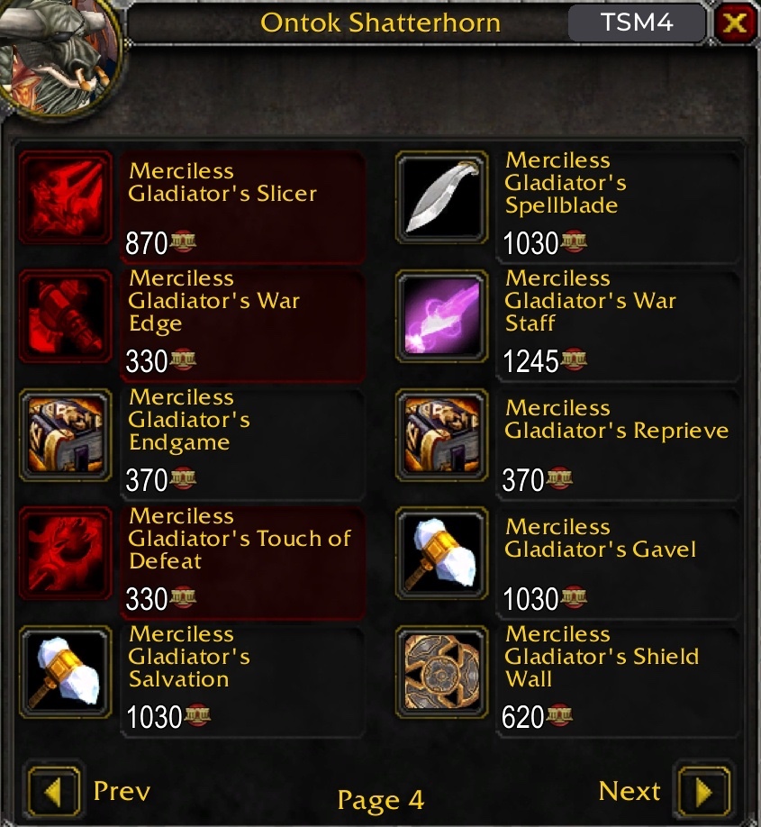 The Season 2 Arena vendor listing Merciless Gladiator weapons with their Arena Point prices