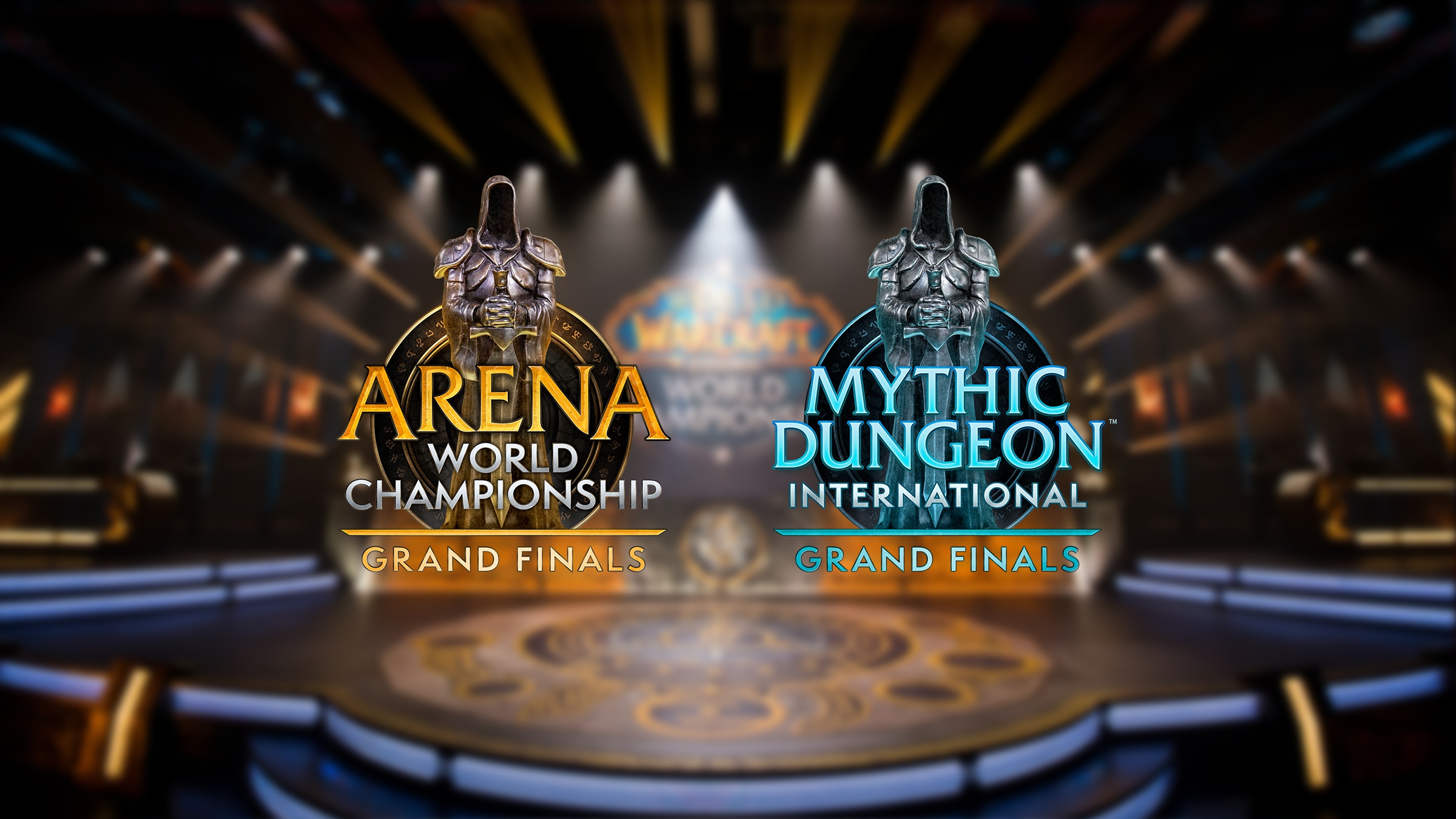 Arena World Championship and Mythic Dungeon International Grand Finals logos on the BlizzCon stage