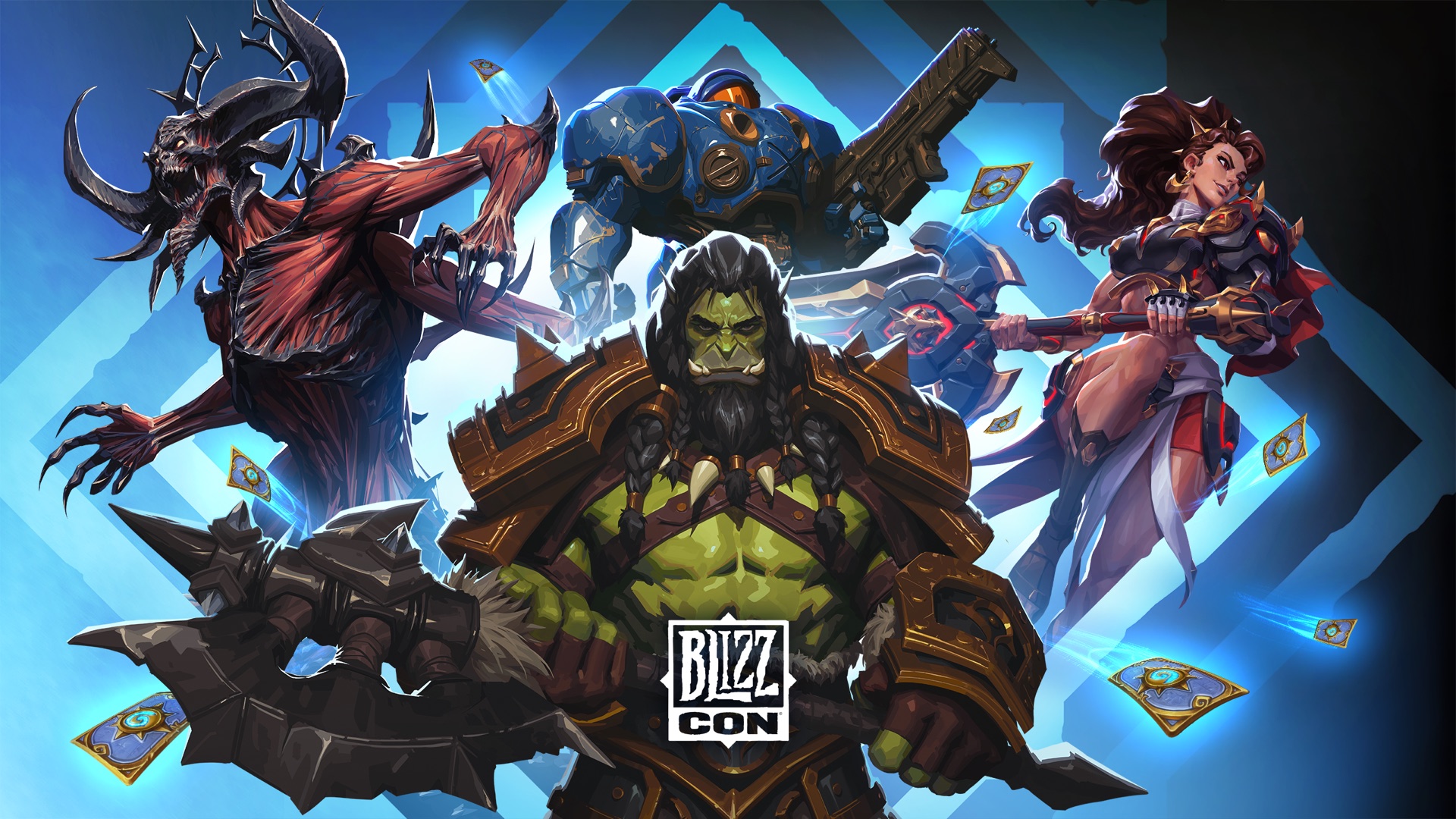 BlizzCon 2026 key art with heroes from World of Warcraft, Diablo, StarCraft, Overwatch and Hearthstone around the BlizzCon logo