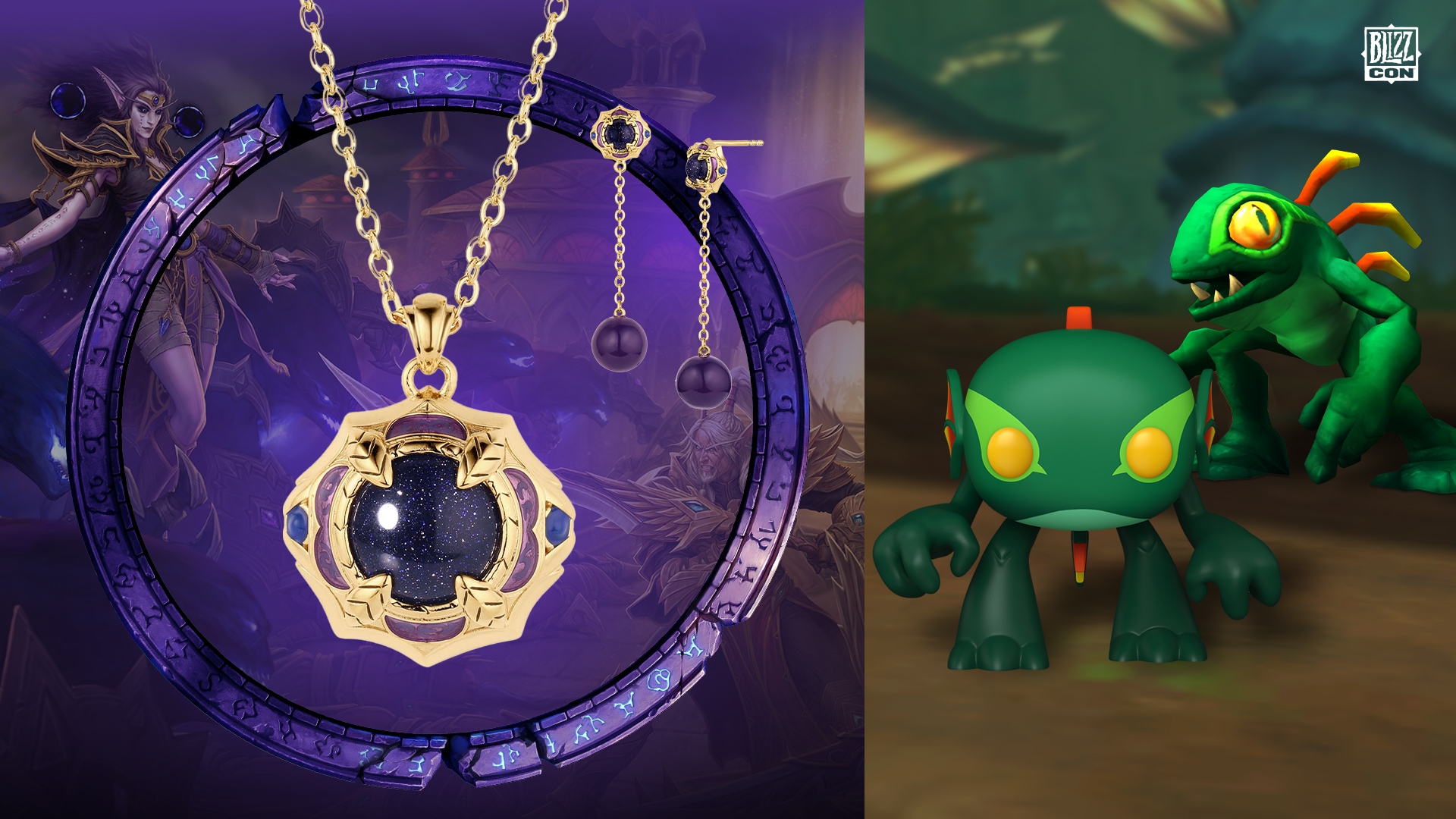 A World of Warcraft x Rocklove necklace and earrings alongside an Emrrrgl Murloc Funko Pop figure
