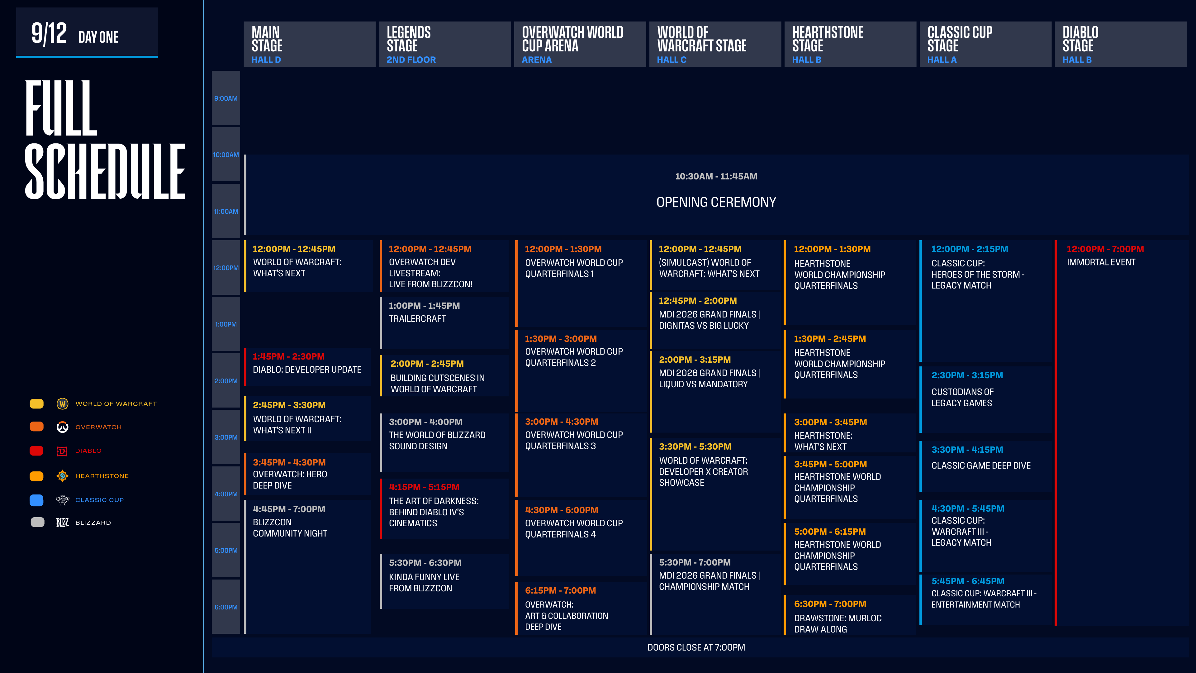 The full BlizzCon 2026 Day One schedule with panel titles and start times