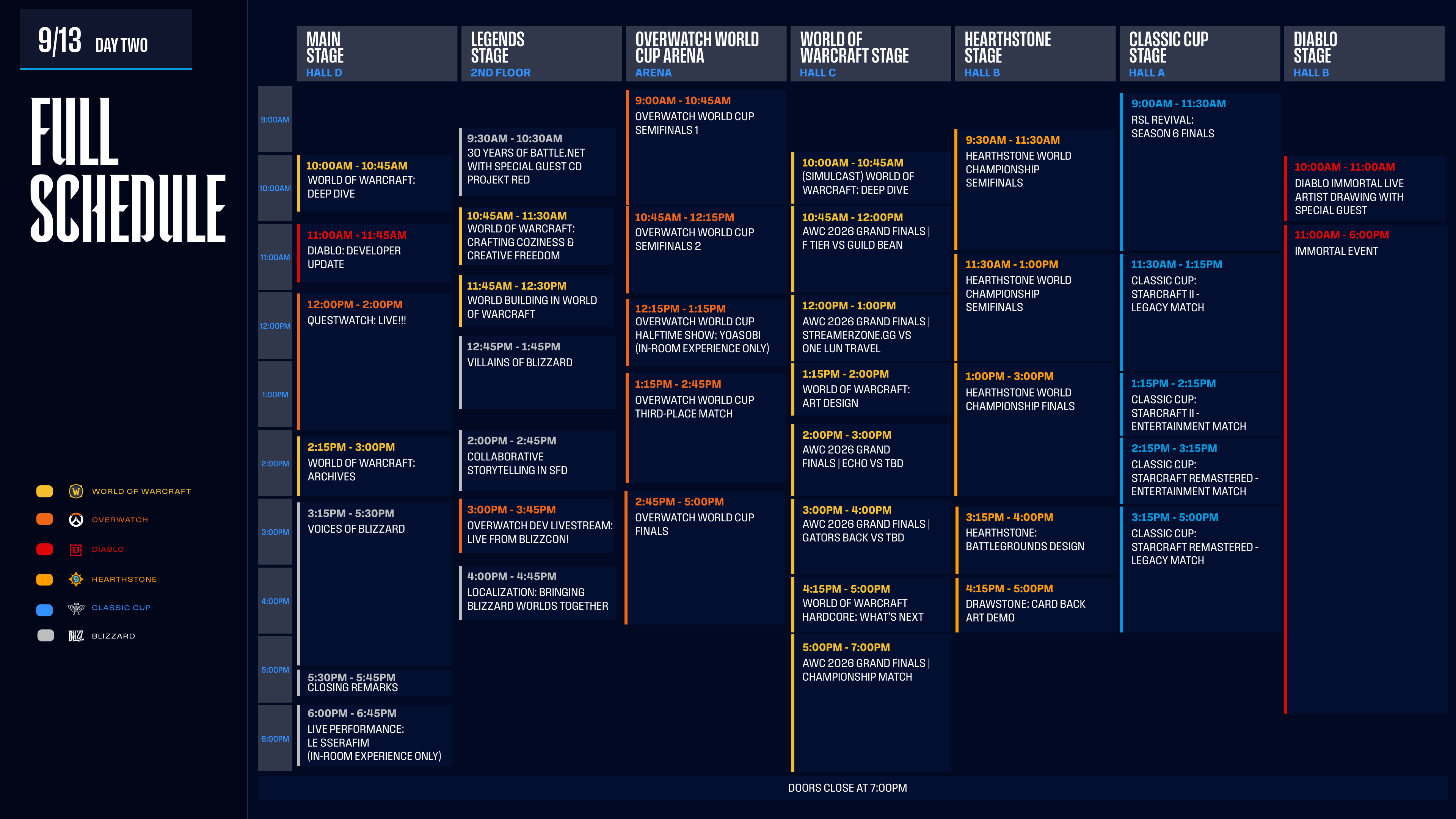 The full BlizzCon 2026 Day Two schedule with panel titles and start times