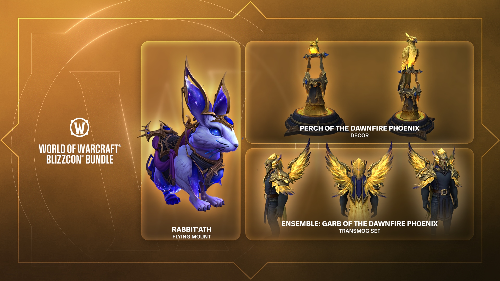 The World of Warcraft BlizzCon Bundle showing the Rabbit'ath flying mount, the Perch of the Dawnfire Phoenix decor and the Garb of the Dawnfire Phoenix transmog set