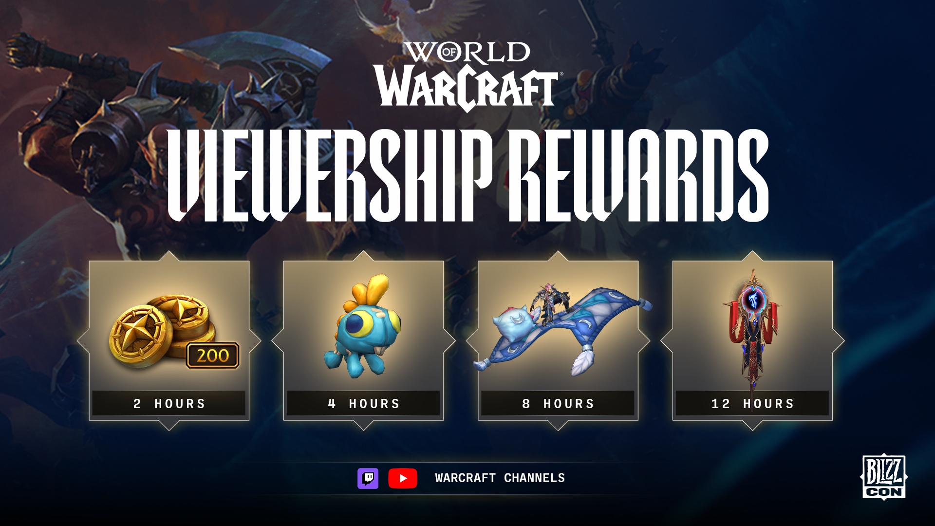 The World of Warcraft viewership rewards for BlizzCon 2026, shown as four tiers at 2, 4, 8 and 12 hours of watch time
